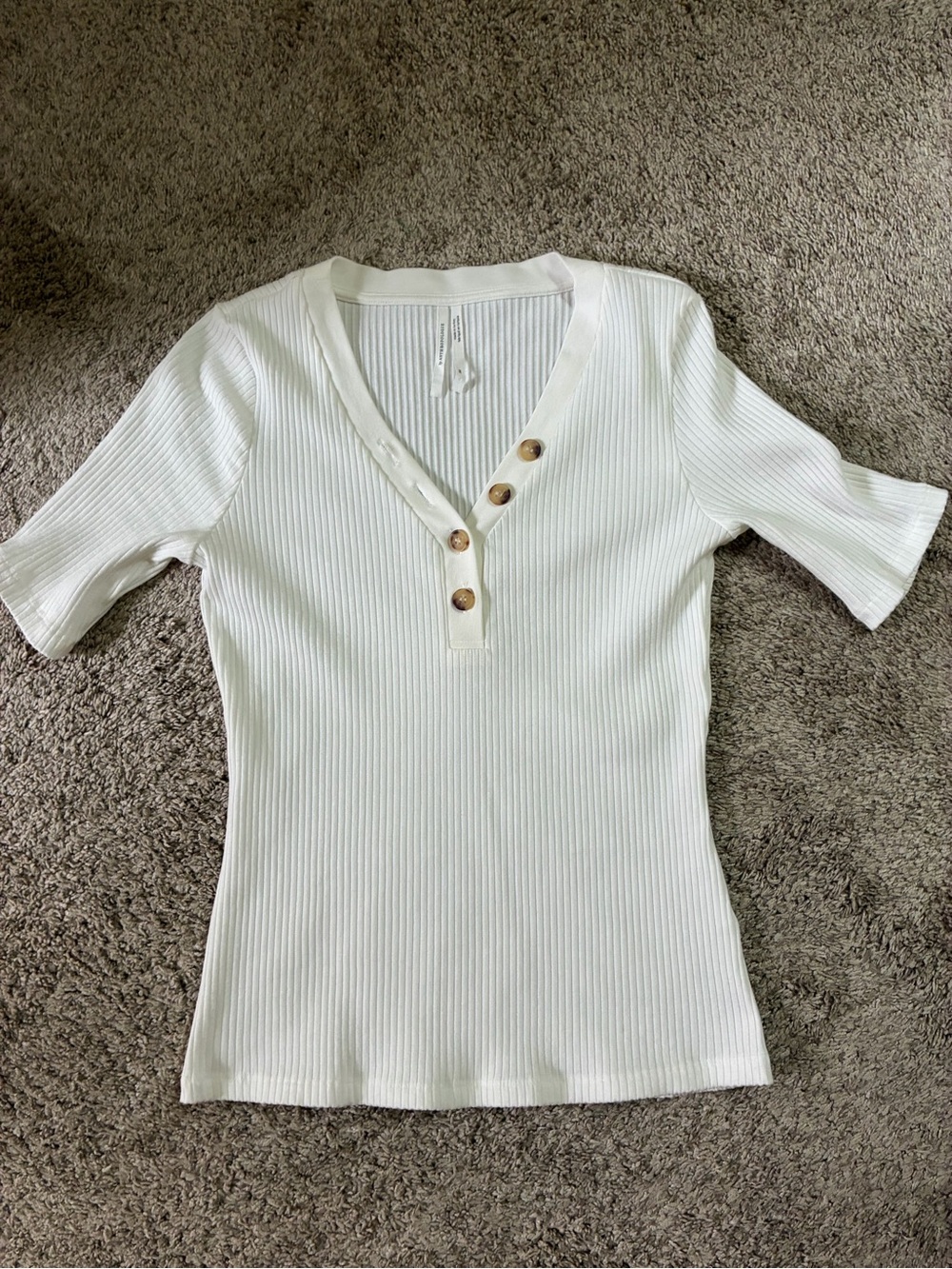 Anthropologie White Ribbed Henley Short Sleeve Top with Button Placket